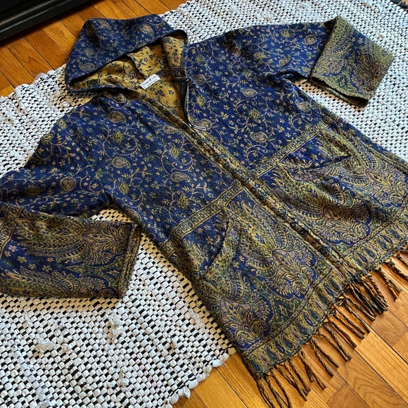 Tree of Life Blue Gold Pashmina Fringe Zip-Up Hoodie Jacket - Picture 4 of 9